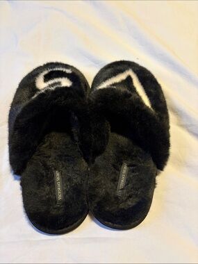Victoria's Secret Black Fuzzy Logo Slide Slippers